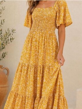Hayden Mustard Floral Square-Neck Maxi Dress